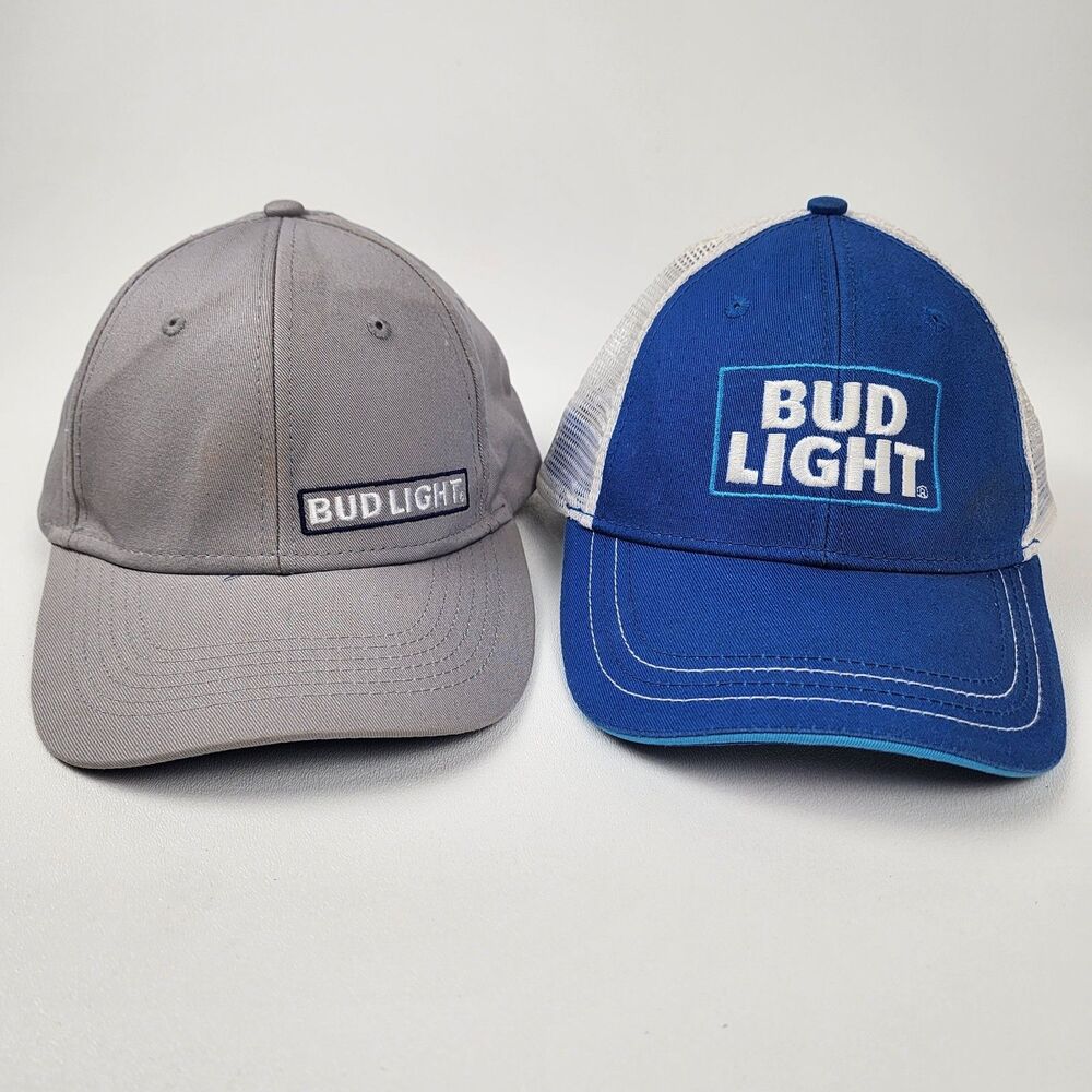 2 PACK Bud Light Hat Bundle Adjustable Beer Caps Trucker Baseball Hats Blue Gray